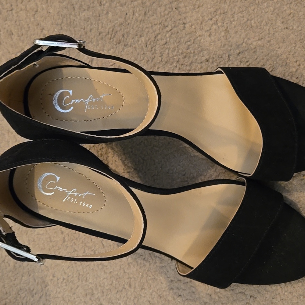 Black Women's Sandals With Rhinstone Detail On Heels, Size 9, Comfortview Brand